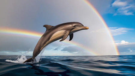 Dolphin jumping out of the water with rainbow in the background.の素材