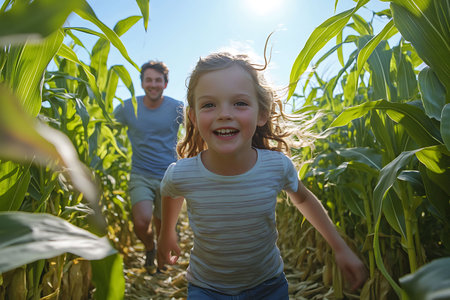 Father and daughter walking in corn field on sunny day. Concept of friendly family.の素材