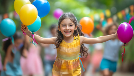 Happy little girl with colorful balloons in the park. Selective focus.の素材