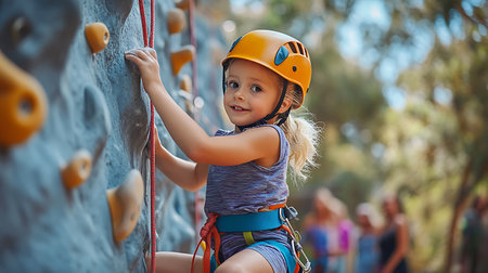 Cute little girl climbing a wall at a climbing center. Active child.の素材