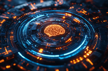 3D rendering of a human brain in front of a HUD interfaceの素材