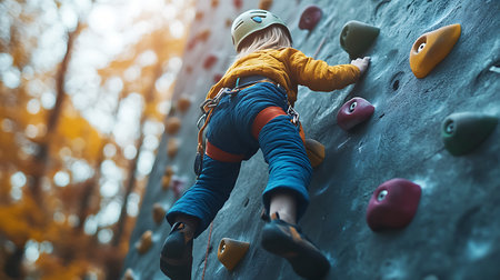 Little girl climbing on a climbing wall in the autumn forest. Sport and recreation.の素材