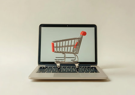 Laptop with shopping cart on white background. Online shopping concept.の素材