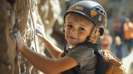 Cute little boy climbing on a rock wall in a climbing centerの素材