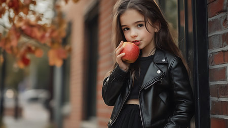 Cute little girl in a black leather jacket with an apple in her hand.の素材
