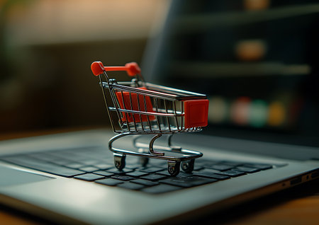 Shopping cart on laptop keyboard. Online shopping concept. Selective focus.の素材