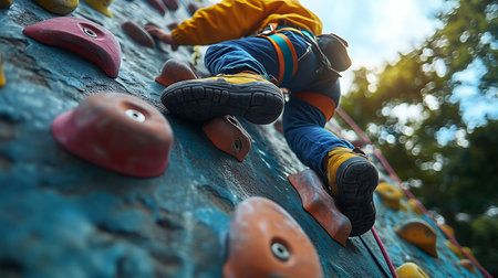 Little boy climbing a wall on a climbing wall. Extreme sport.の素材