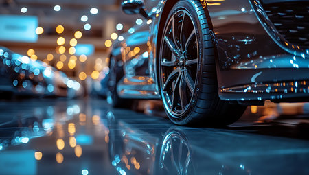 Close-up of the wheel of a sports car in the car showroomの素材