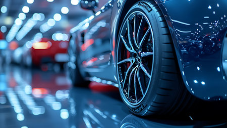 Car wheels on the background of the night city. 3d renderingの素材