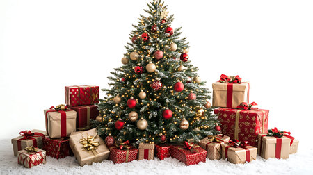 Christmas tree with presents and decorations on snow isolated on white background.の素材