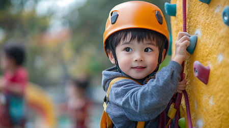 Cute asian boy climbing on a wall with safety helmet.の素材