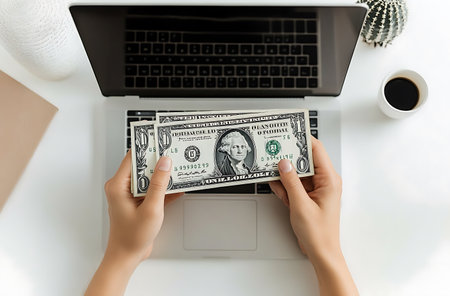 cropped shot of woman holding dollar banknotes near laptop on white backgroundの素材
