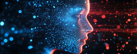 Artificial intelligence concept. 3d illustration of human face made of particlesの素材