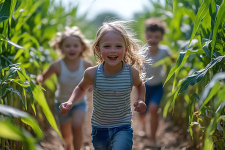 Group of kids running through a corn field on a sunny summer dayの素材