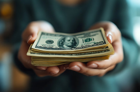 Close-up of woman's hands holding dollars in her hands.の素材