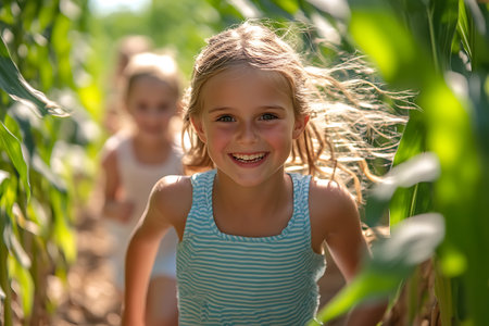 Portrait of a cute little girl in a corn field. Selective focus.の素材