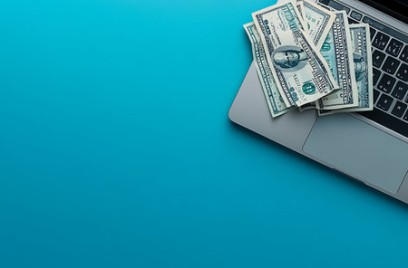 Laptop and dollars on a blue background. Top view with copy spaceの素材