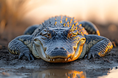 Close-up of a crocodile lying in mud in the evening sunの素材