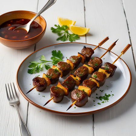 Chicken liver kebab on skewers with sweet potato and parsleyの素材