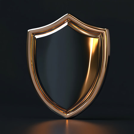 Gold shield on a black background. 3d rendering, 3d illustration.の素材