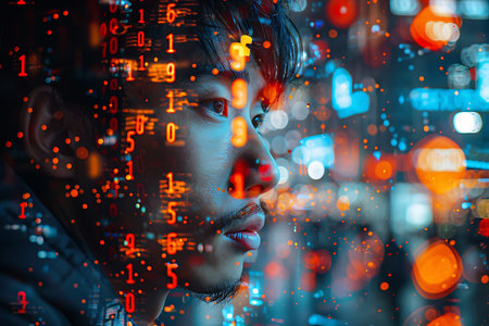 Portrait of a young man with binary code on the background of the cityの素材