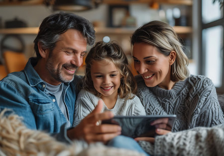 Smiling family using digital tablet while sitting in living room at homeの素材