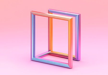 3d render of an abstract glass window with colorful stripes on a pink backgroundの素材