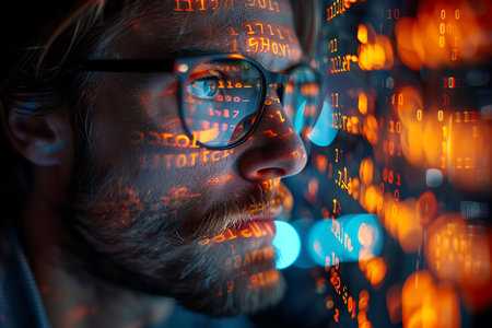 Portrait of a man in glasses against a background of binary codeの素材