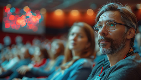 Senior man sitting in front of audience and listening to music in auditoriumの素材