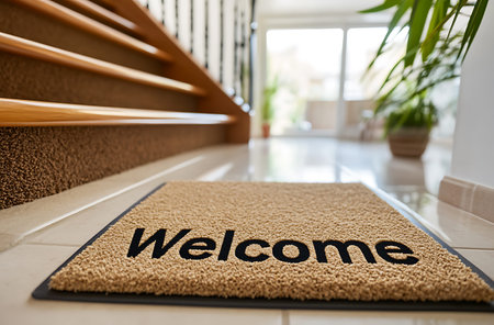 Welcome doormat on the floor in a modern living room.の素材