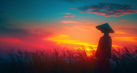 Silhouette of farmer standing in rice field with sunset sky backgroundの素材