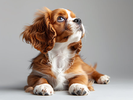 Cavalier King Charles Spaniel dog isolated on grey background.の素材