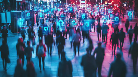 Business people walking in the city at night with social media hologramの素材