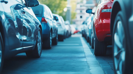 Traffic jam with row of cars in a row on a city streetの素材