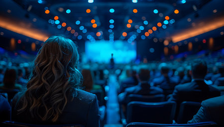 Rear view of businesswoman sitting in front of audience in conference hallの素材