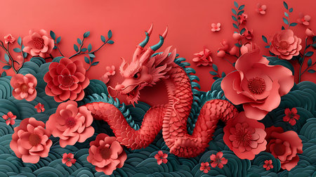 3d rendering of red dragon and flowers on red background. Chinese new year conceptの素材