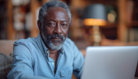 Portrait of mature African man using laptop while sitting at table in cafeの素材