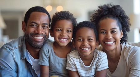 Happy family. Cheerful young African American family looking at camera and smiling while spending time togetherの素材