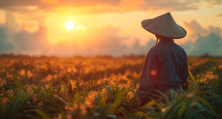 Rear view of asian farmer standing in corn field at sunsetの素材