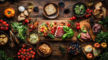 Top view of delicious italian antipasti snacks on wooden tableの素材