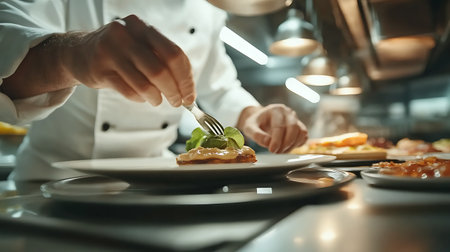Chef decorating a dish in a restaurant kitchen, close upの素材