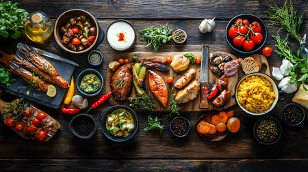 Seafood and vegetables on a rustic wooden table, top viewの素材
