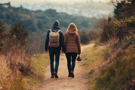 Back view of two young women with backpacks walking on a mountain trailの素材