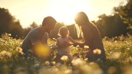 happy family with little daughter on camomile meadow at sunsetの素材