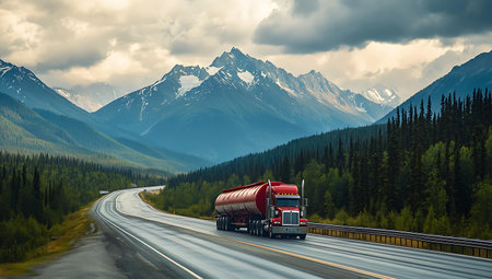 Truck on the highway in the Altai mountains, Russia.の素材