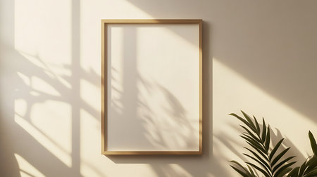 Mock up golden frame on beige wall, 3d renderの素材
