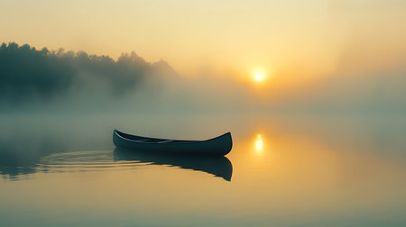 Sunrise on a lake with a boat in the foreground and fogの素材