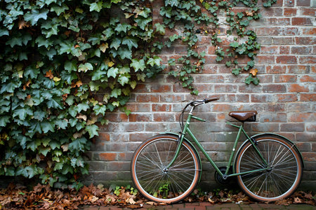 Bicycles in front of a brick wall covered with ivyの素材