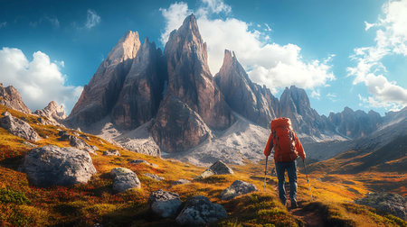 Hiker with backpack and trekking poles on the background of the mountainsの素材