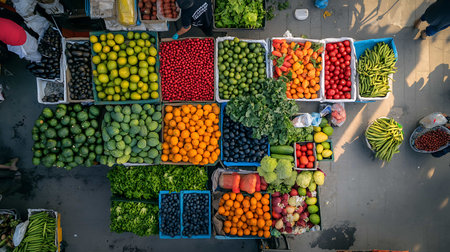 Top view of fresh fruits and vegetables at local market in India.の素材